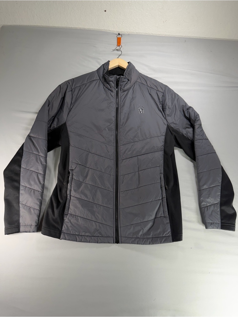 Spyder Mens Large Gray Black Full Zip ThermaWeb Hybrid Puffer Jacket
